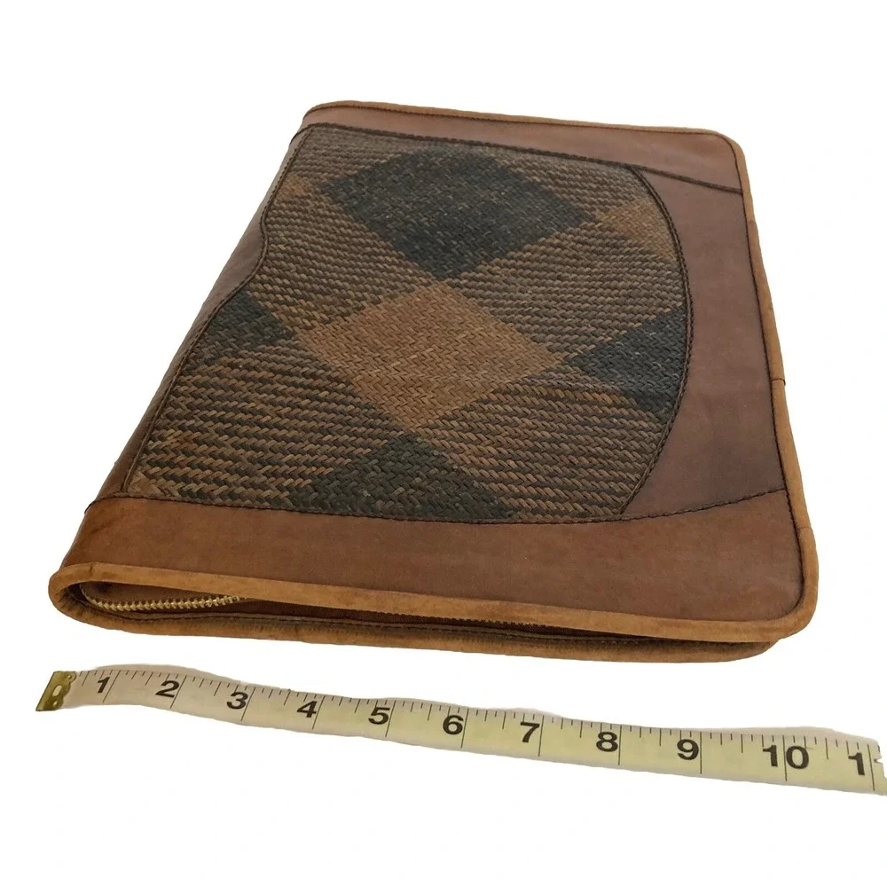Vtg Woven Leather Zip Around Legal Notepad Folio Folder Organizer Binder Brown
